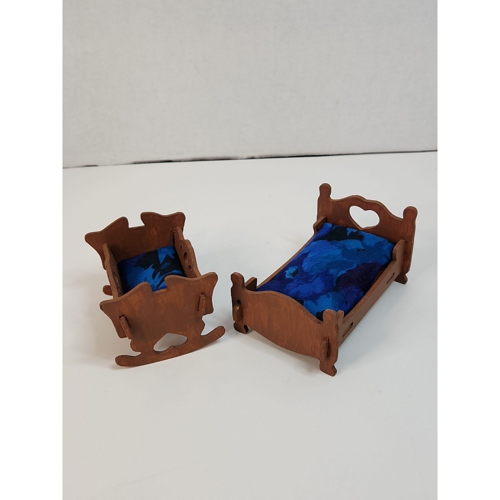 Dollhouse Miniature Wood Bed & Rocking Cradle Nursery Furniture Set Blue